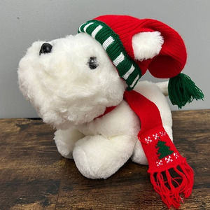 Vintage White Scottish Terrier with Holiday Knit Hat & Scarf Plush